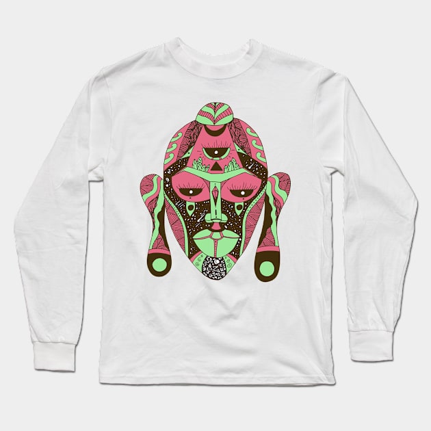 Pink Mint African Mask 7 Long Sleeve T-Shirt by kenallouis